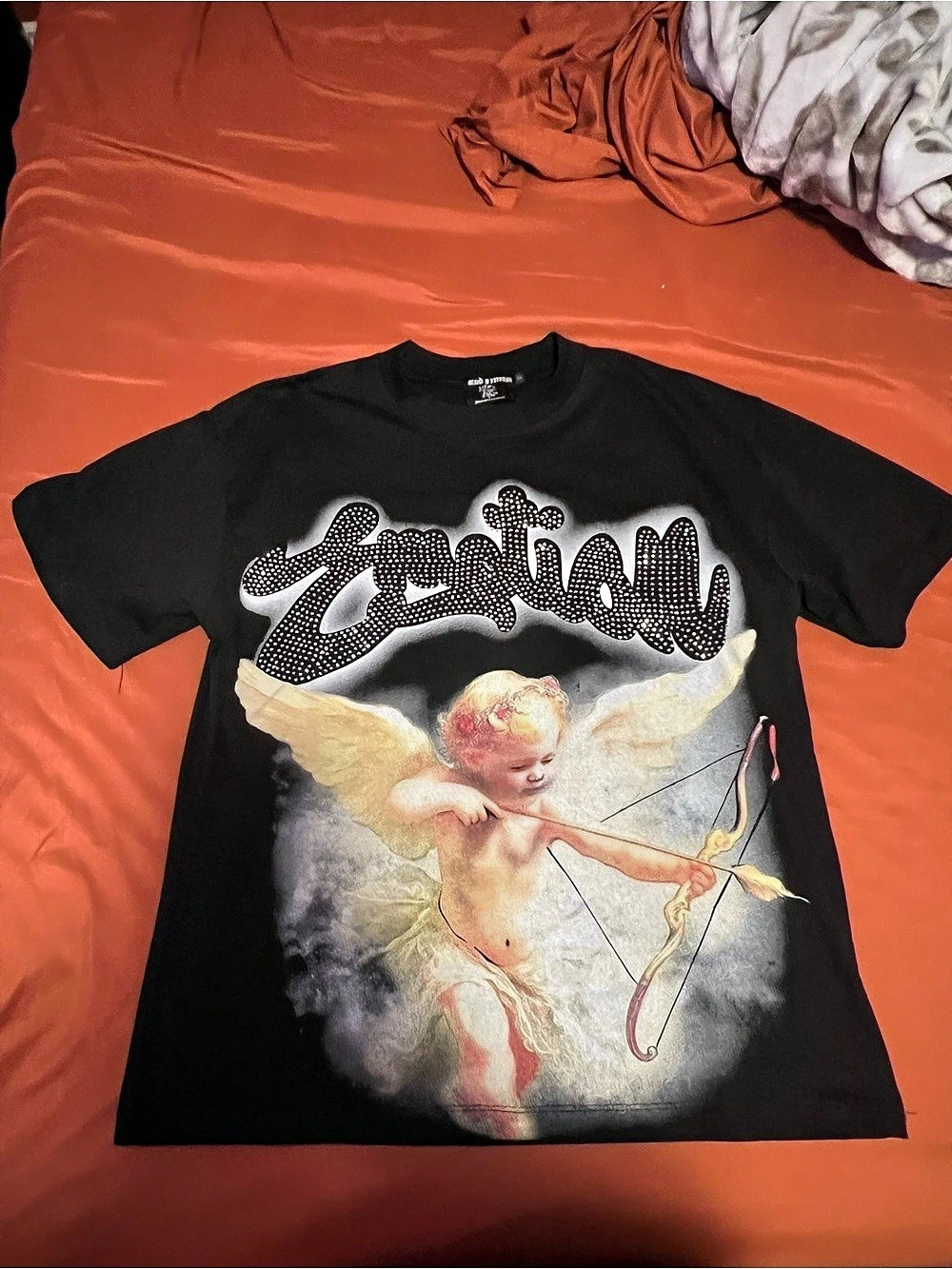 Mixed Emotion Cupid Rhinestone Tee Graphic Short Sleeve Tee in Black